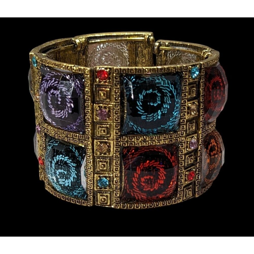 Fantasy Glam Rainbow Swirl Gemmed Gold Tone Cuff Bracelet